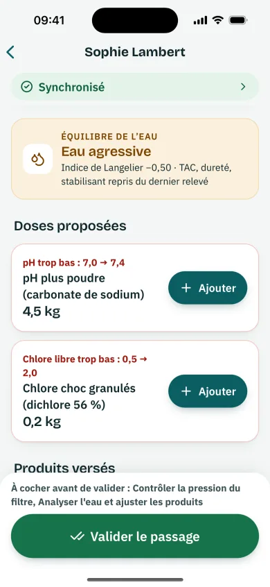 Doses proposées par Clapo : eau agressive, indice de Langelier −0,50, 4,5 kg de pH plus et 0,2 kg de chlore choc à ajouter en un appui.