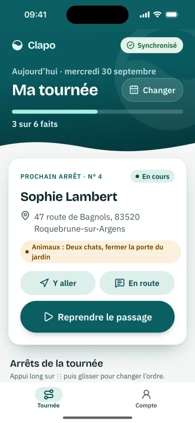 Écran Tournée de l’application Clapo : trois passages faits sur six, puis le prochain arrêt chez Sophie Lambert avec son adresse, la consigne d’accès et le bouton pour reprendre le passage.